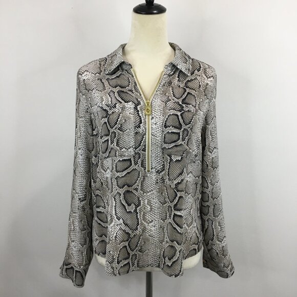 MICHAEL KORS Taupe Black White Snake Print Logo Zip Blouse Shirt - Picture 4 of 11